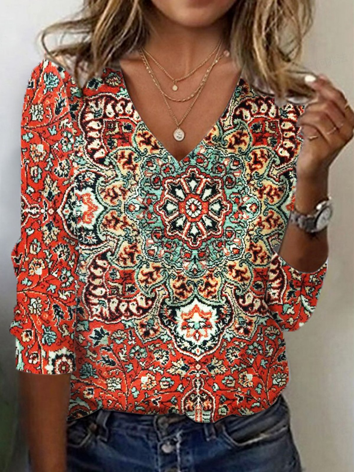 Women's Long Sleeve Tee T-shirt Spring/Fall Ethnic Jersey V Neck Holiday Going Out Casual Top