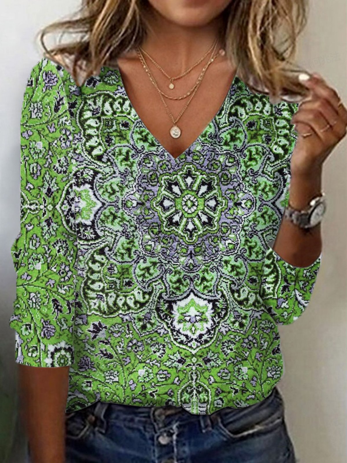 Women's Long Sleeve Tee T-shirt Spring/Fall Ethnic Jersey V Neck Holiday Going Out Casual Top