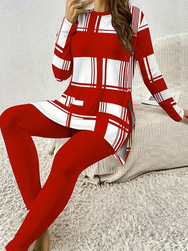 Women's Geometric Casual Two-Piece Sets Crew Neck Holiday Top With Pants