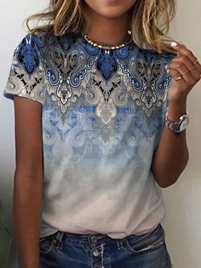 Women's Short Sleeve Tee T-shirt Summer Ethnic Jersey Crew Neck Holiday Going Out Casual Top