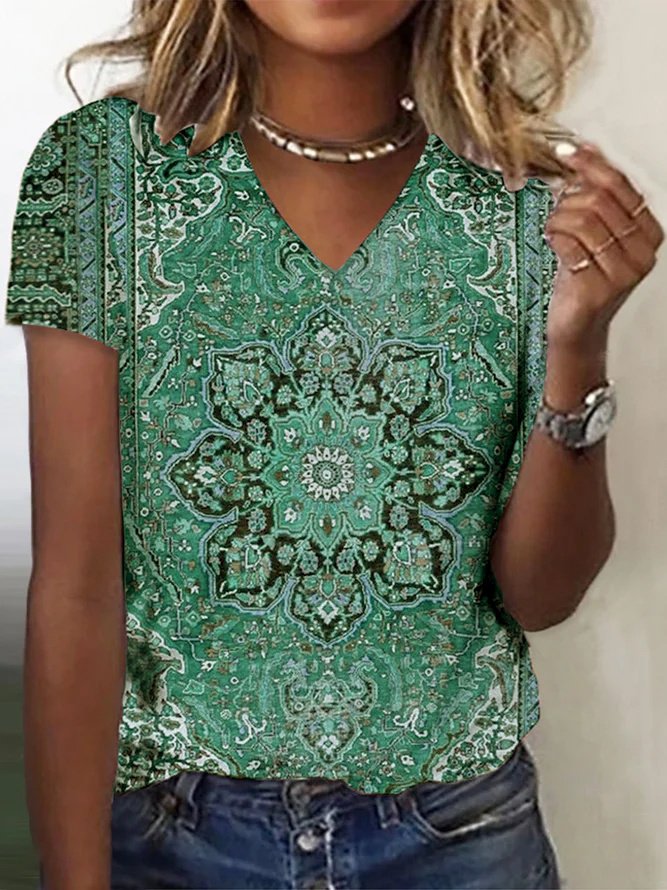 Women's Short Sleeve Tee T-shirt Summer Ethnic Jersey V Neck Holiday Going Out Casual Top