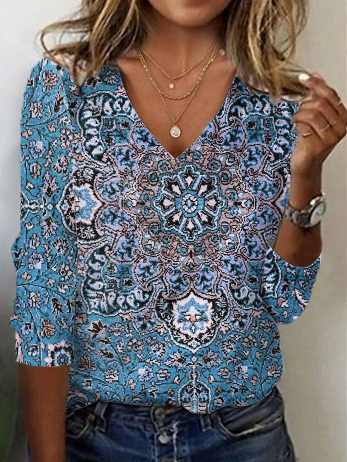 Women's Long Sleeve Tee T-shirt Spring/Fall Ethnic Jersey V Neck Holiday Going Out Casual Top