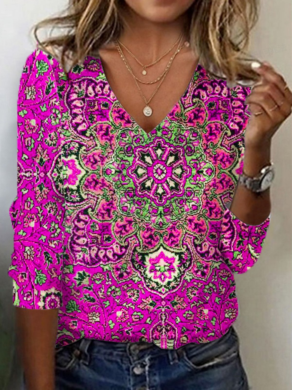 Women's Long Sleeve Tee T-shirt Spring/Fall Ethnic Jersey V Neck Holiday Going Out Casual Top