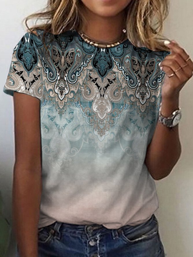 Women's Short Sleeve Tee T-shirt Summer Ethnic Jersey Crew Neck Holiday Going Out Casual Top