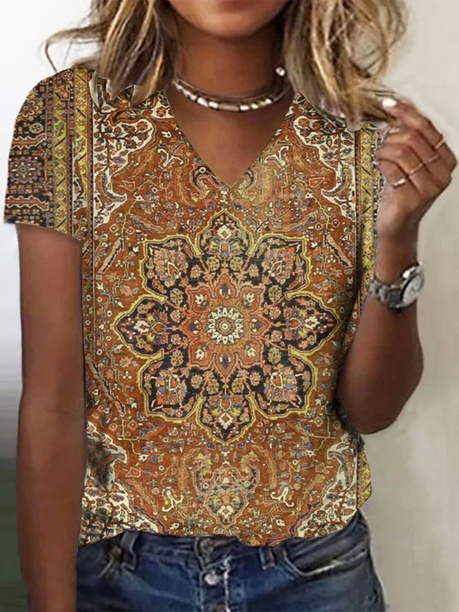 Women's Short Sleeve Tee T-shirt Summer Ethnic Jersey V Neck Holiday Going Out Casual Top