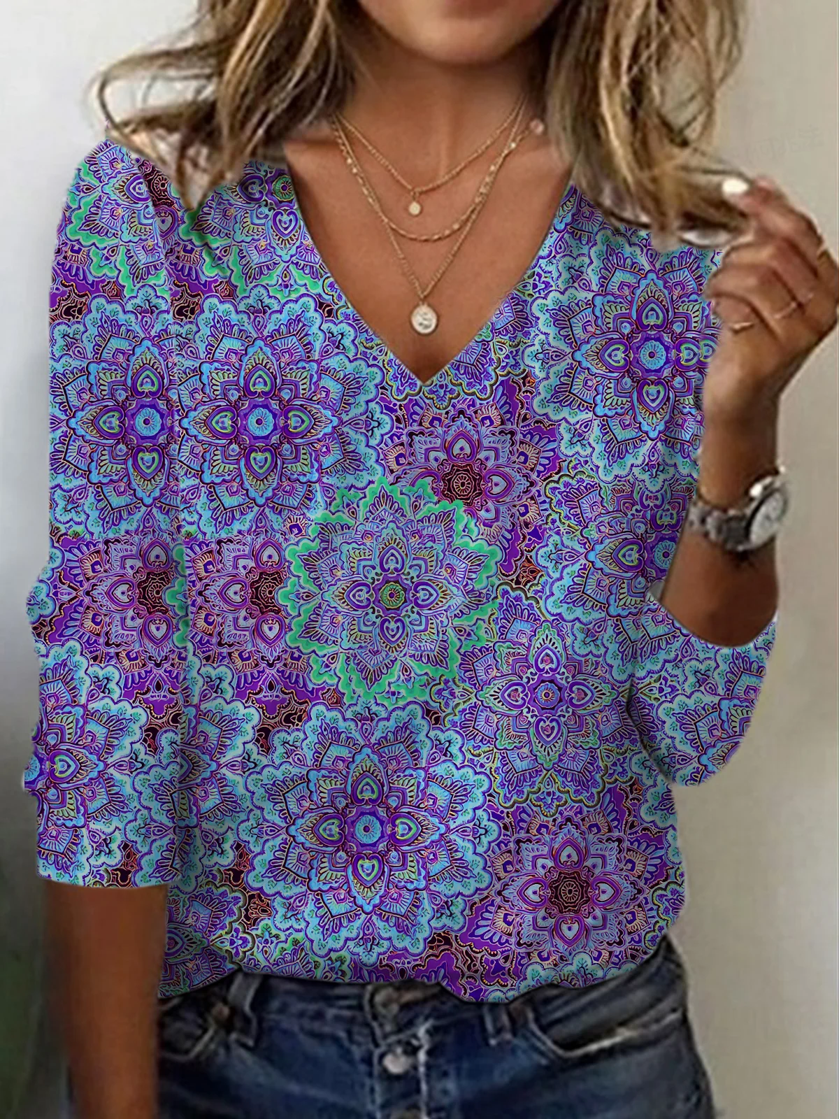 Women's Long Sleeve Tee T-shirt Spring/Fall Ethnic Jersey V Neck Holiday Going Out Casual Top