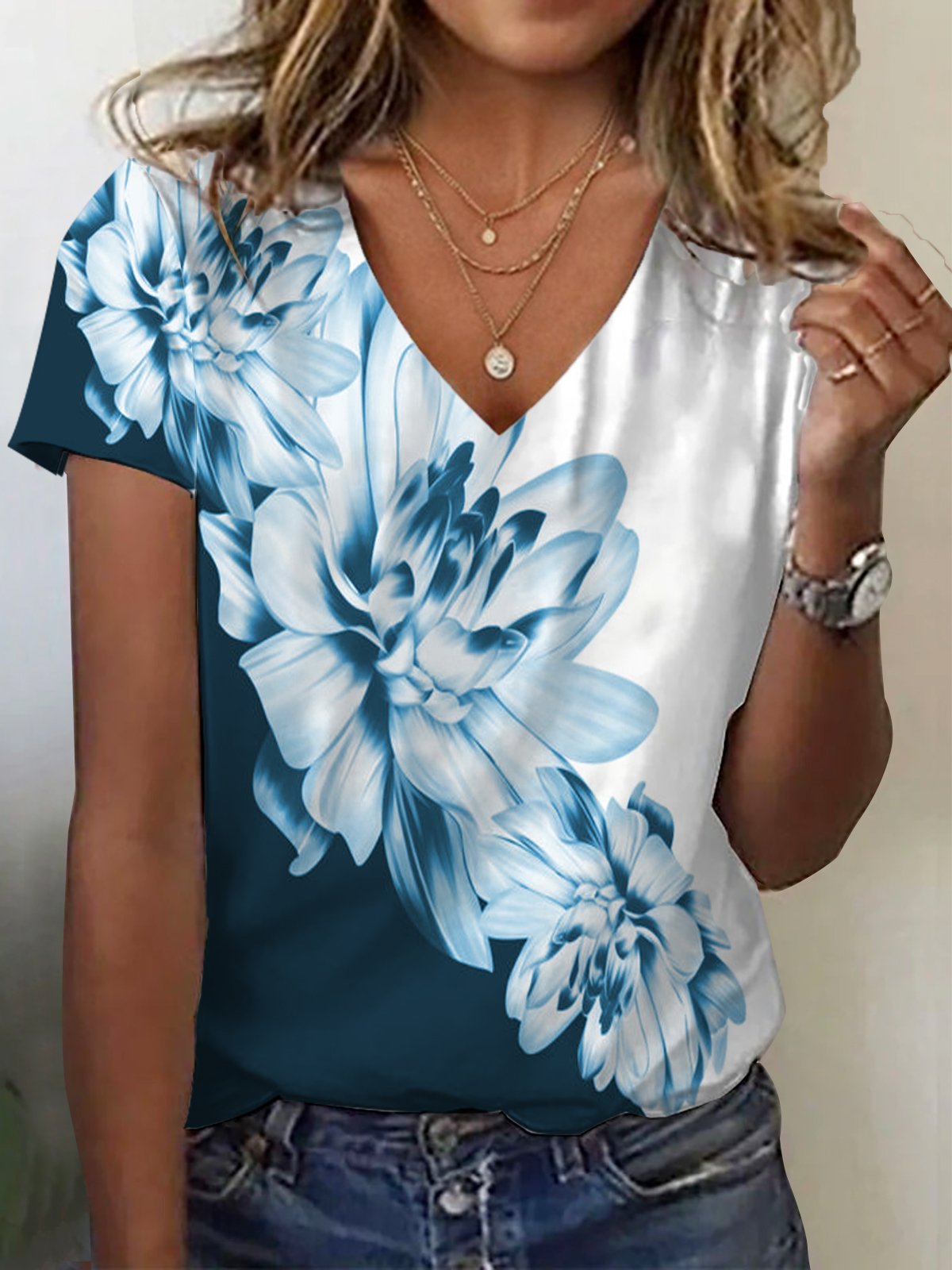 Women's Short Sleeve Tee T-shirt Summer Floral Jersey V Neck Holiday Going Out Casual Top