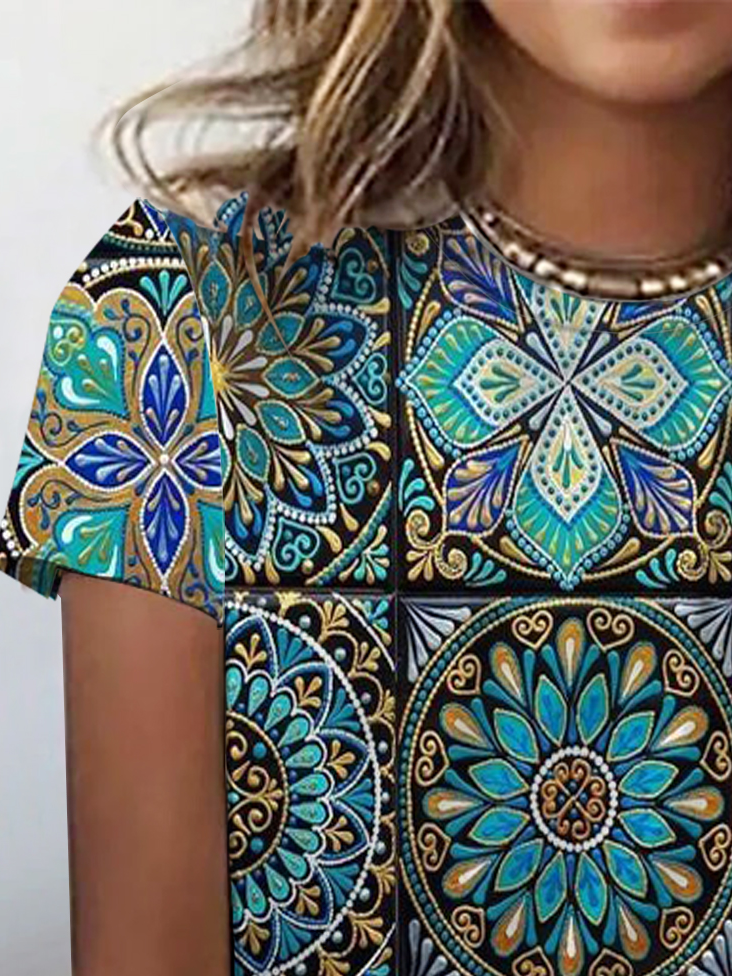 Women's Short Sleeve Tee T-shirt Summer Ethnic Jersey Crew Neck Holiday Going Out Casual Top