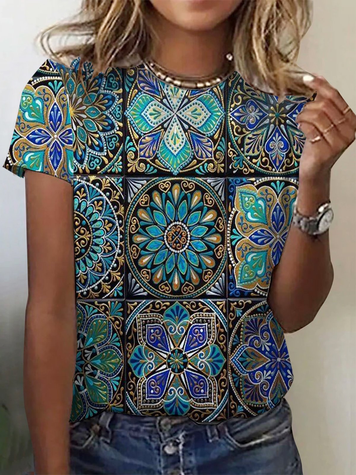 Women's Short Sleeve Tee T-shirt Summer Ethnic Jersey Crew Neck Holiday Going Out Casual Top