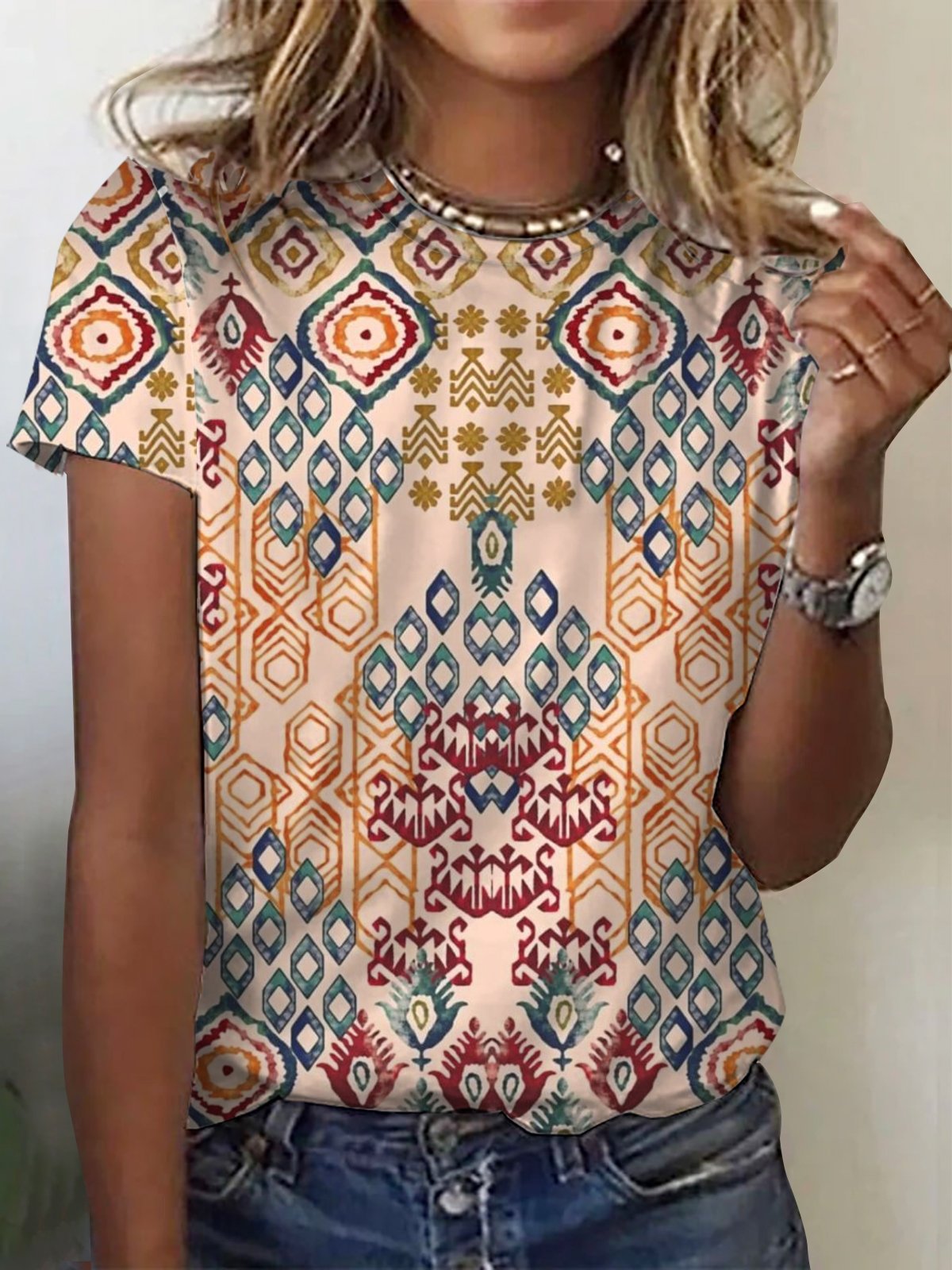 Women's Short Sleeve Tee T-shirt Summer Ethnic Jersey Crew Neck Holiday Going Out Casual Top