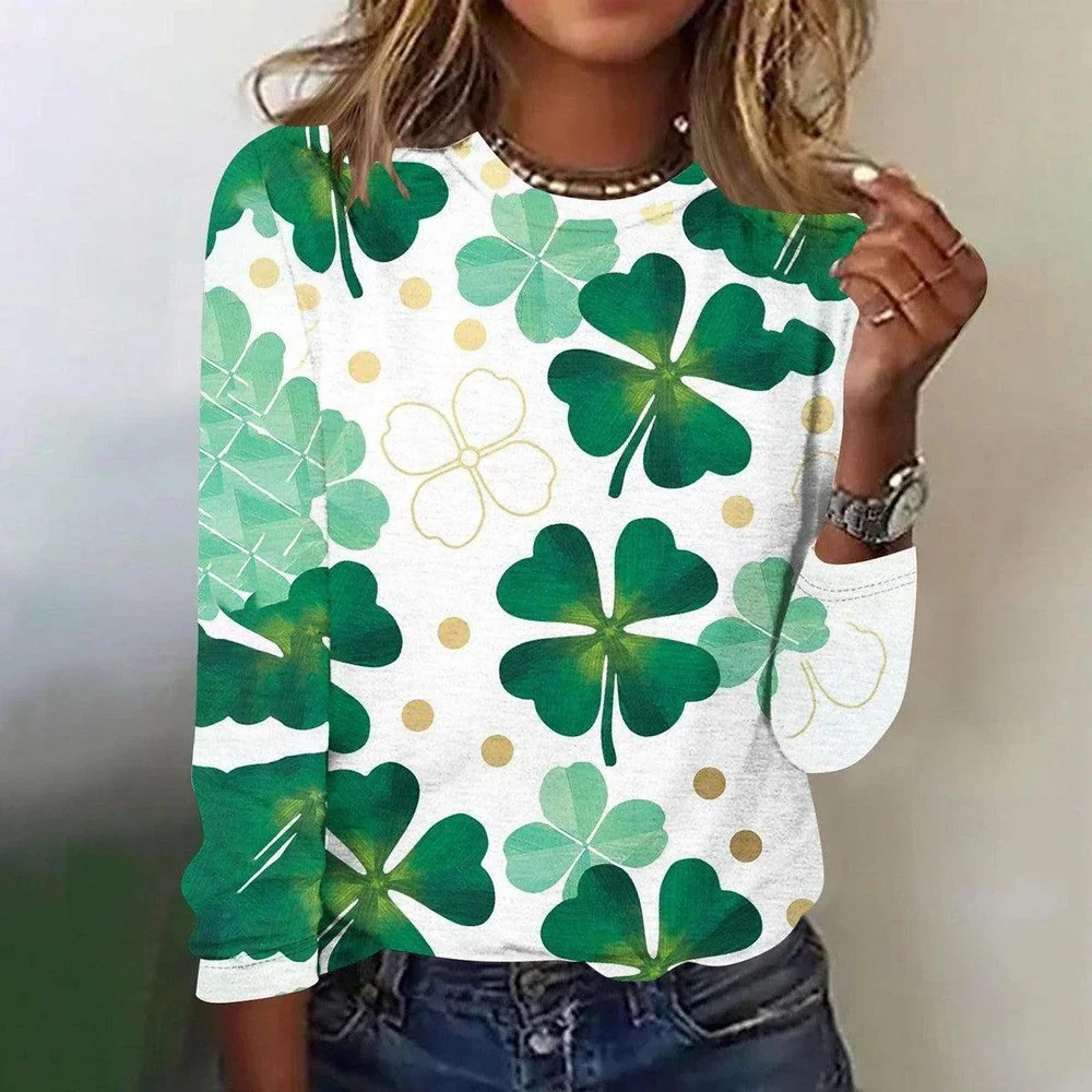 Women's St Patricks Day Four Leaf Clover Print  Long Sleeve Crew Neck T-shirt