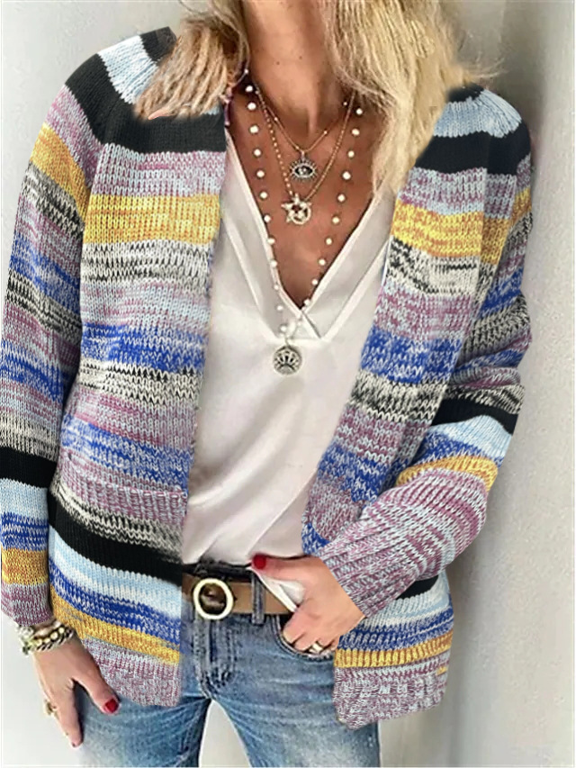 Women's Casual Spring/Fall Multicolor Block Yarn/Wool Yarn Cardigan