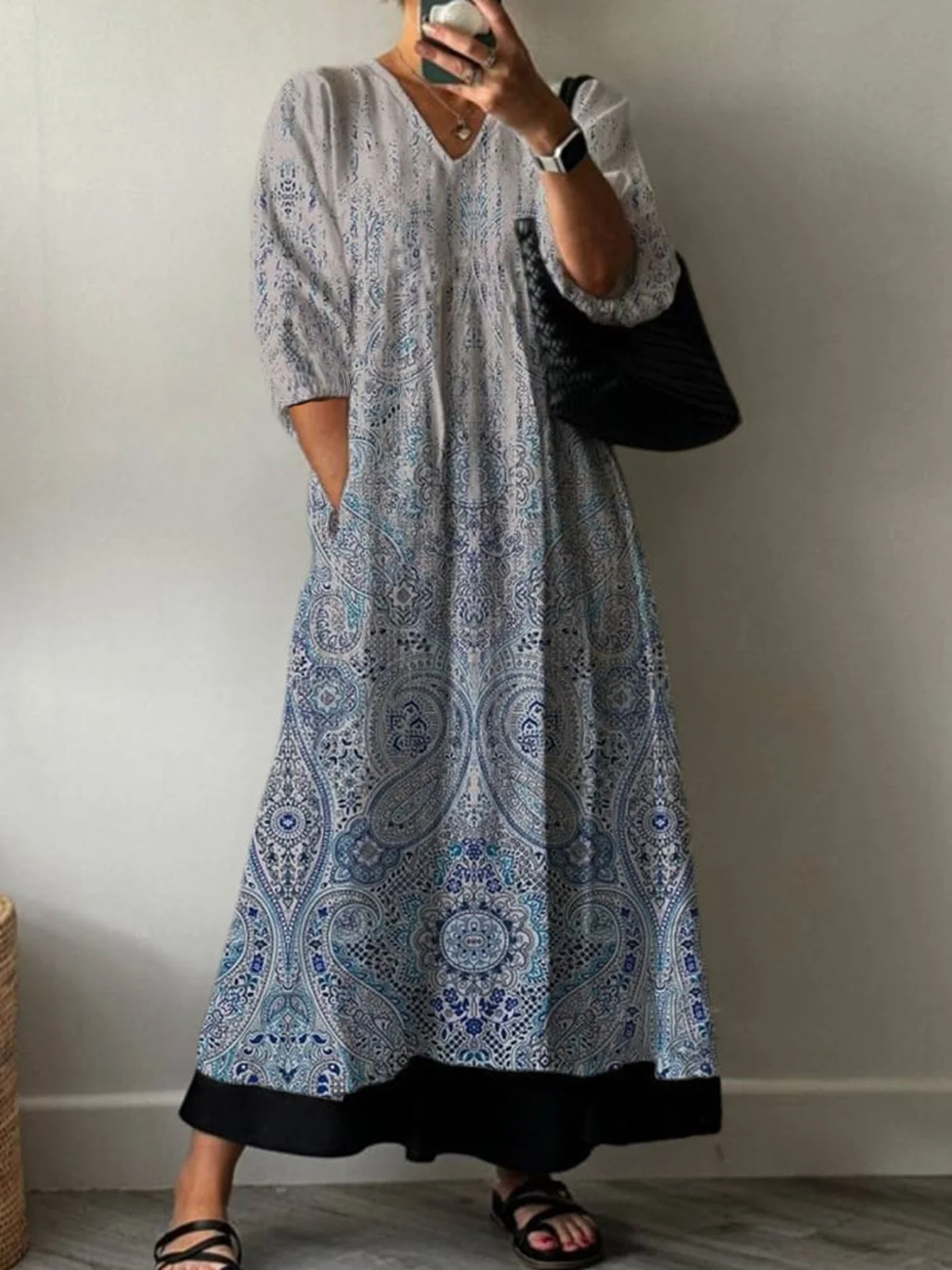 Women's Long Sleeve Spring/Fall Ethnic Jersey Dress V Neck Holiday Going Out Casual Maxi A-Line T-Shirt Dress