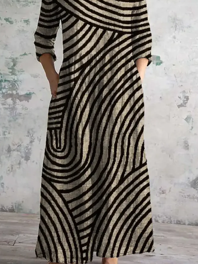 Women's Long Sleeve Spring/Fall Striped Jersey Dress V Neck Holiday Going Out Vintage Maxi A-Line T-Shirt Dress