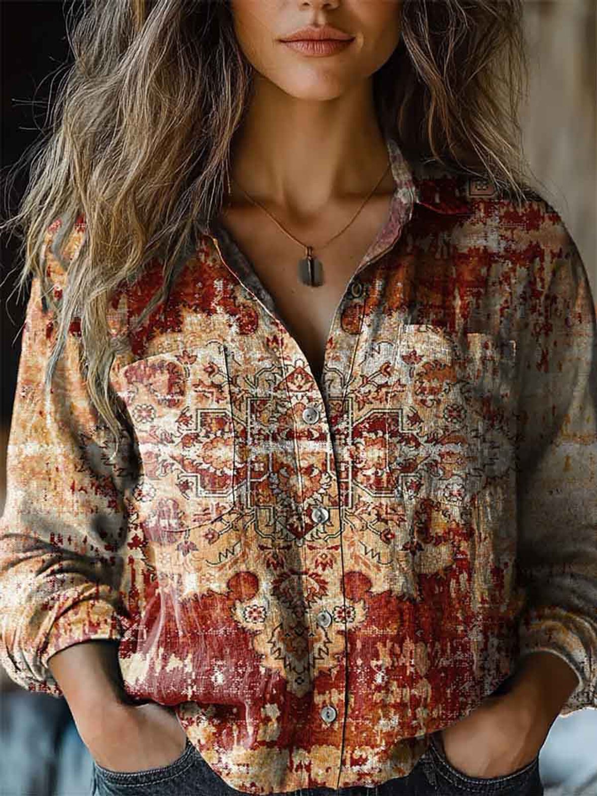 Women's Long Sleeve Shirt Spring/Fall Ethnic Shirt Collar Holiday Going Out Casual Top