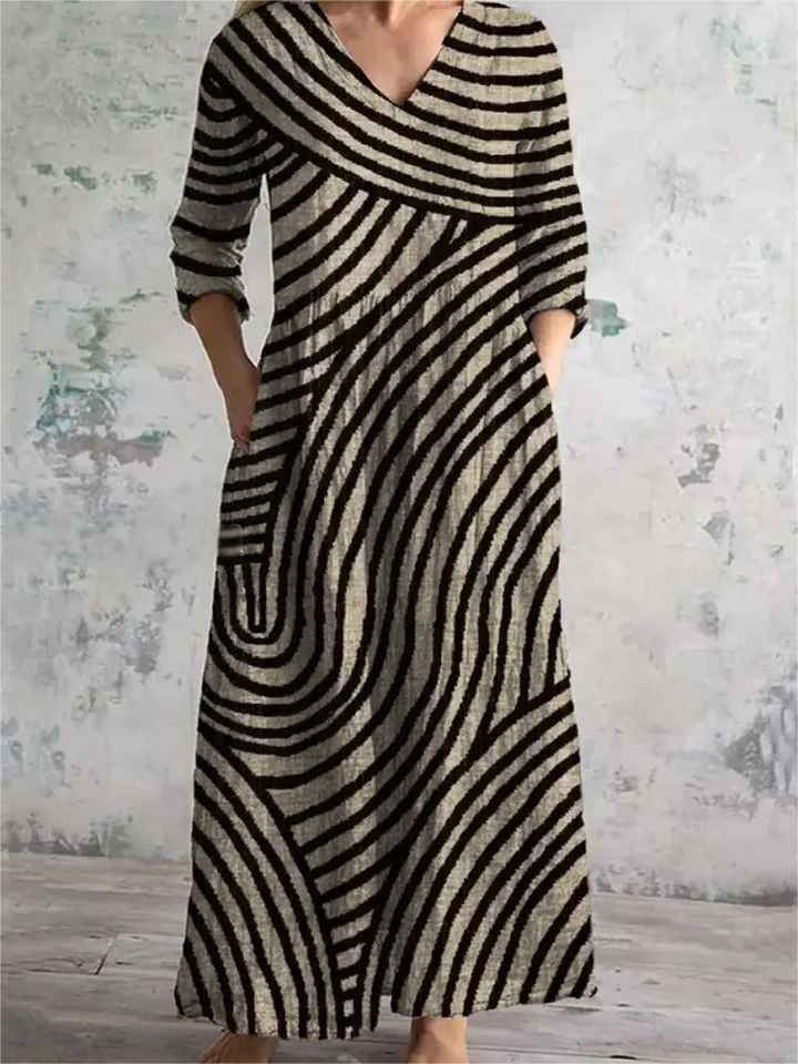 Women's Long Sleeve Spring/Fall Striped Jersey Dress V Neck Holiday Going Out Vintage Maxi A-Line T-Shirt Dress