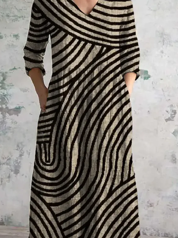 Women's Long Sleeve Spring/Fall Striped Jersey Dress V Neck Holiday Going Out Vintage Maxi A-Line T-Shirt Dress