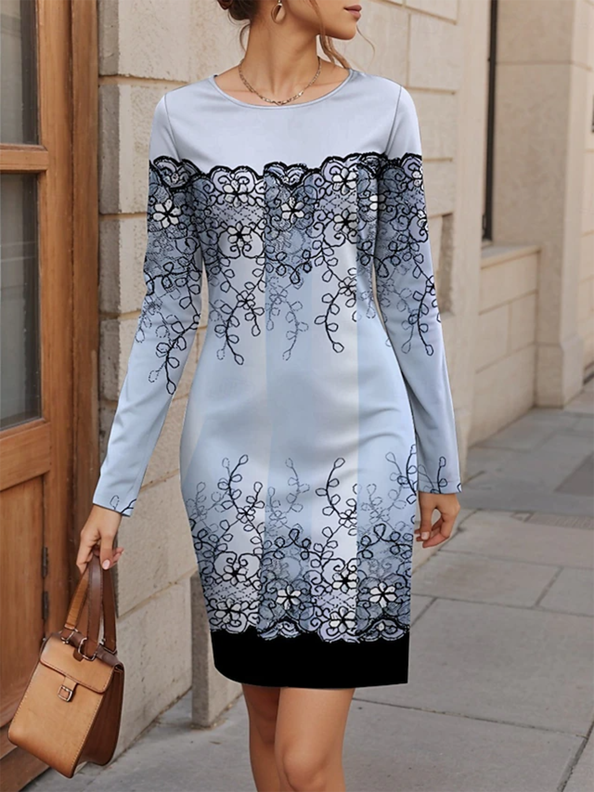 Women's Long Sleeve Spring/Fall Plants Jersey Dress Crew Neck Holiday Going Out Casual Mini H-Line T-Shirt Dress