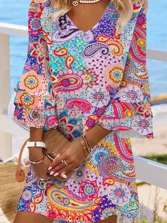 Women's Three Quarter Sleeve Spring/Fall Ethnic Dress V Neck Daily Going Out Casual Mini H-Line Dress