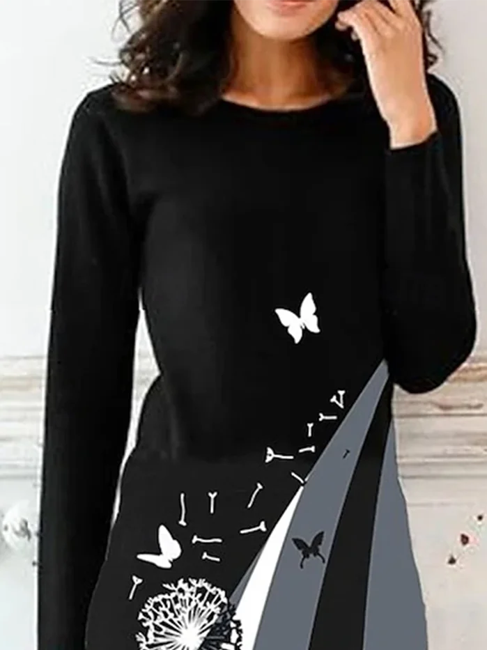 Women's Long Sleeve Spring/Fall Butterfly Jersey Dress Crew Neck Holiday Going Out Casual Mini H-Line T-Shirt Dress