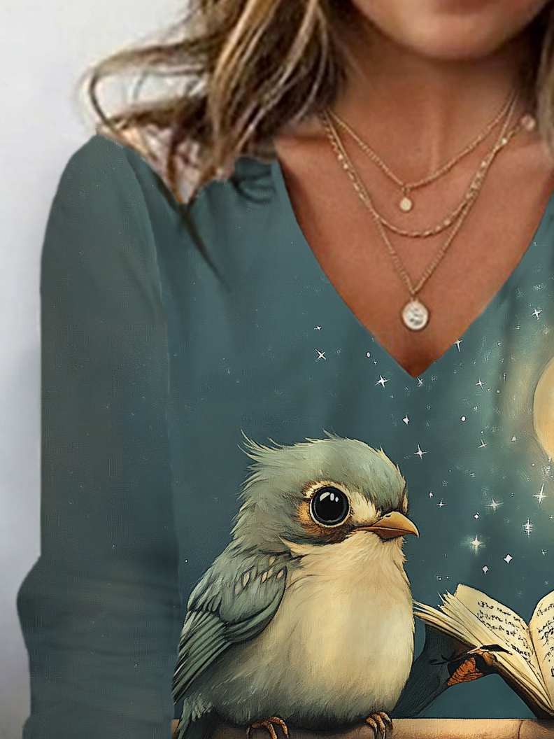 Women's Long Sleeve Tee T-shirt Spring/Fall Bird Jersey V Neck Daily Going Out Casual Top