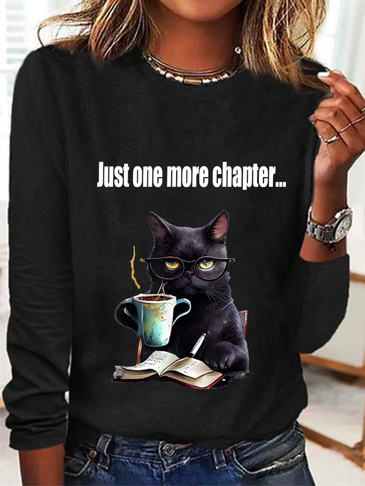 Women's Just One More Chapter Funny Cat Print Long Sleeve Crew Neck T-shirt