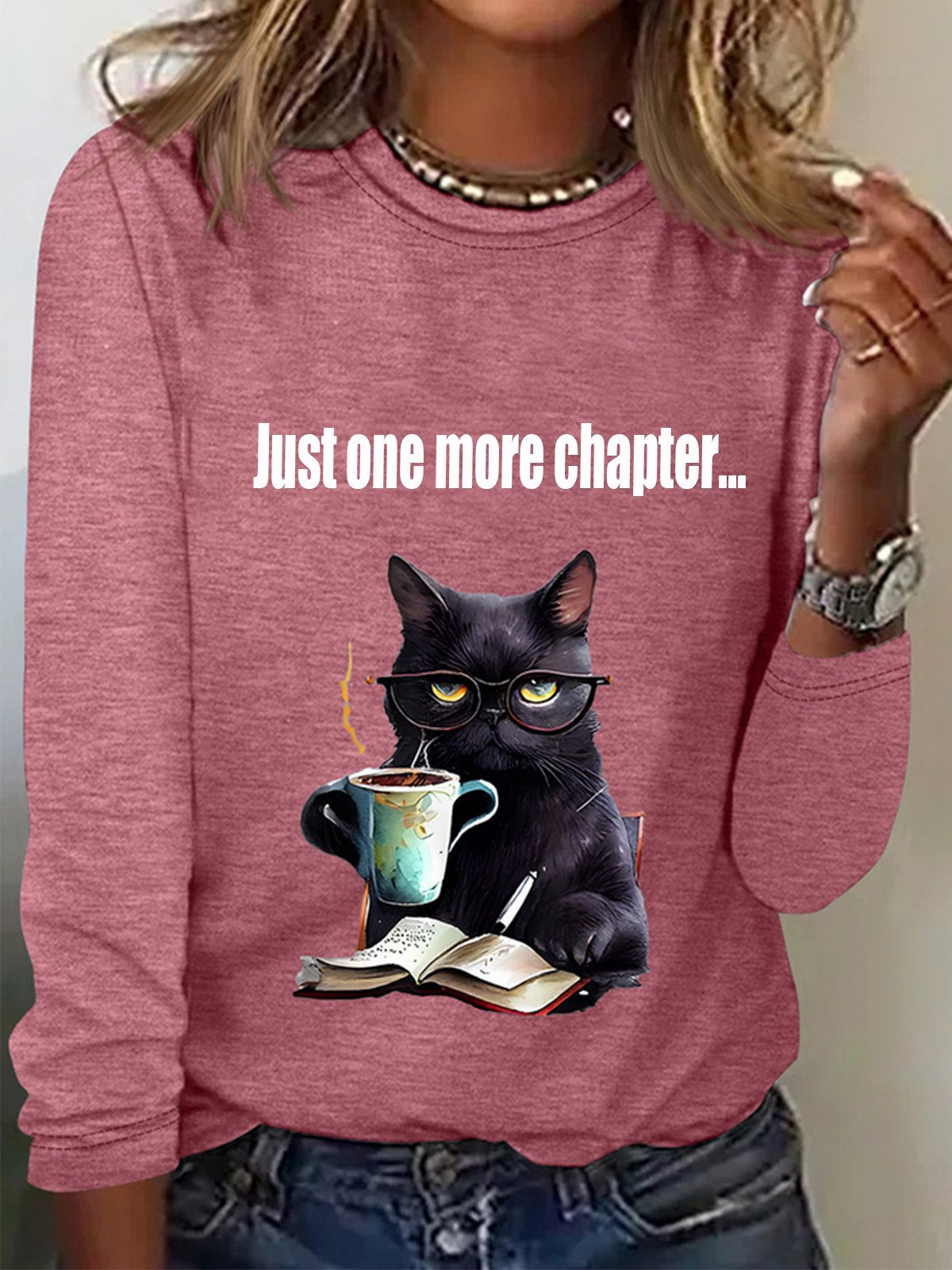 Women's Just One More Chapter Funny Cat Print Long Sleeve Crew Neck T-shirt