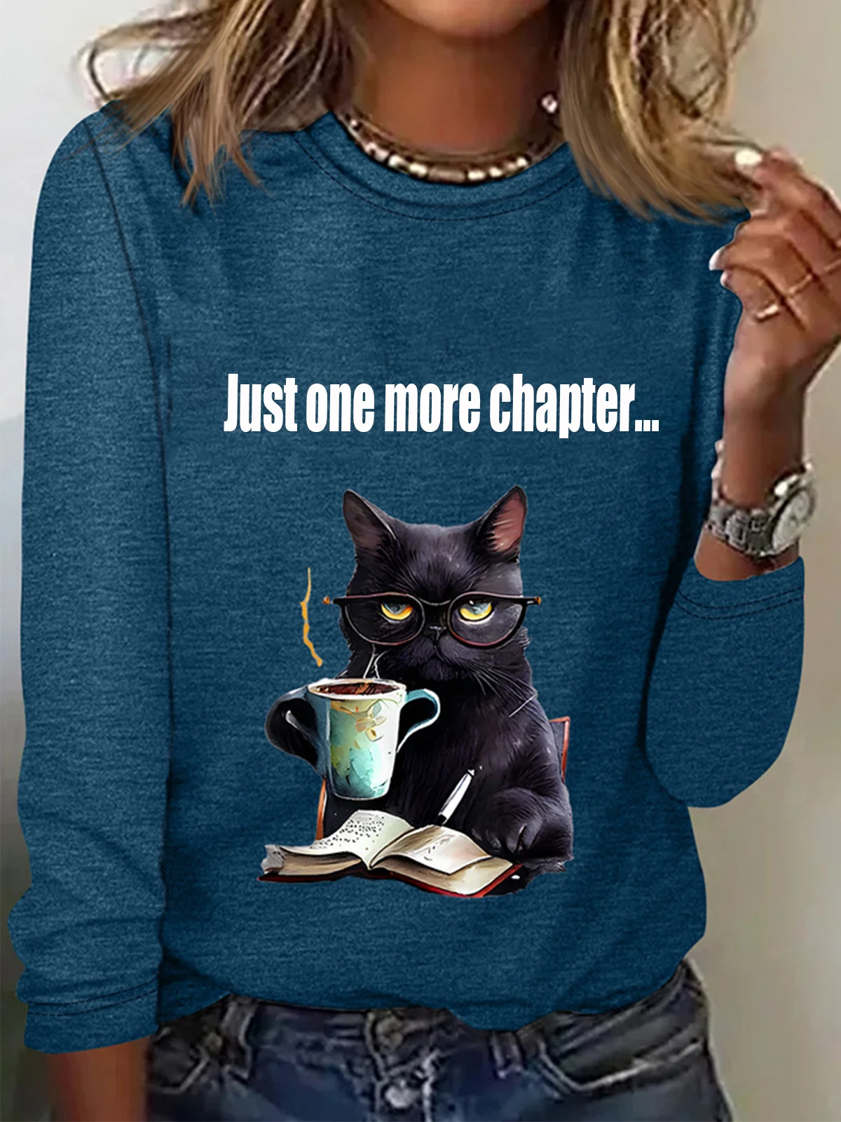 Women's Just One More Chapter Funny Cat Print Long Sleeve Crew Neck T-shirt