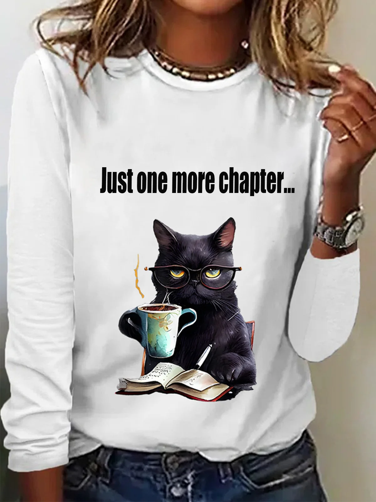 Women's Just One More Chapter Funny Cat Print Long Sleeve Crew Neck T-shirt