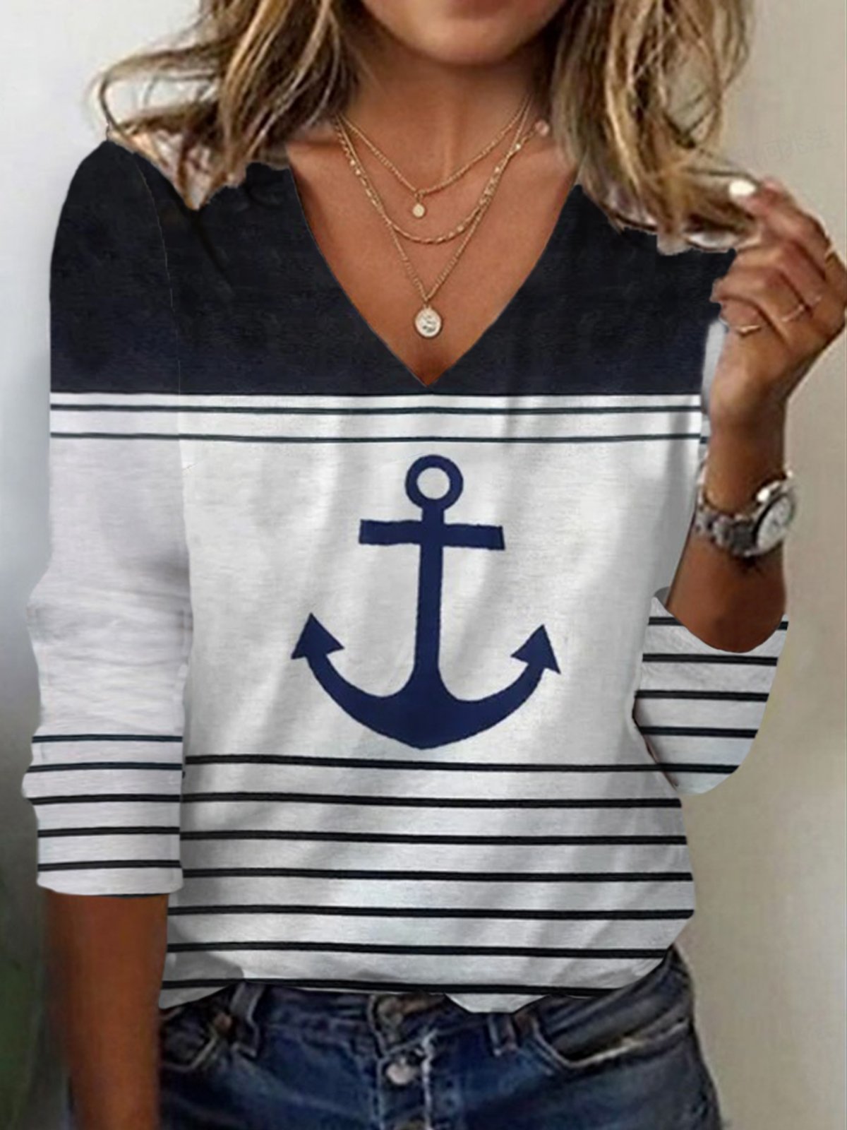 Women's Long Sleeve Tee T-shirt Spring/Fall Anchor Jersey V Neck Daily Going Out Casual Top