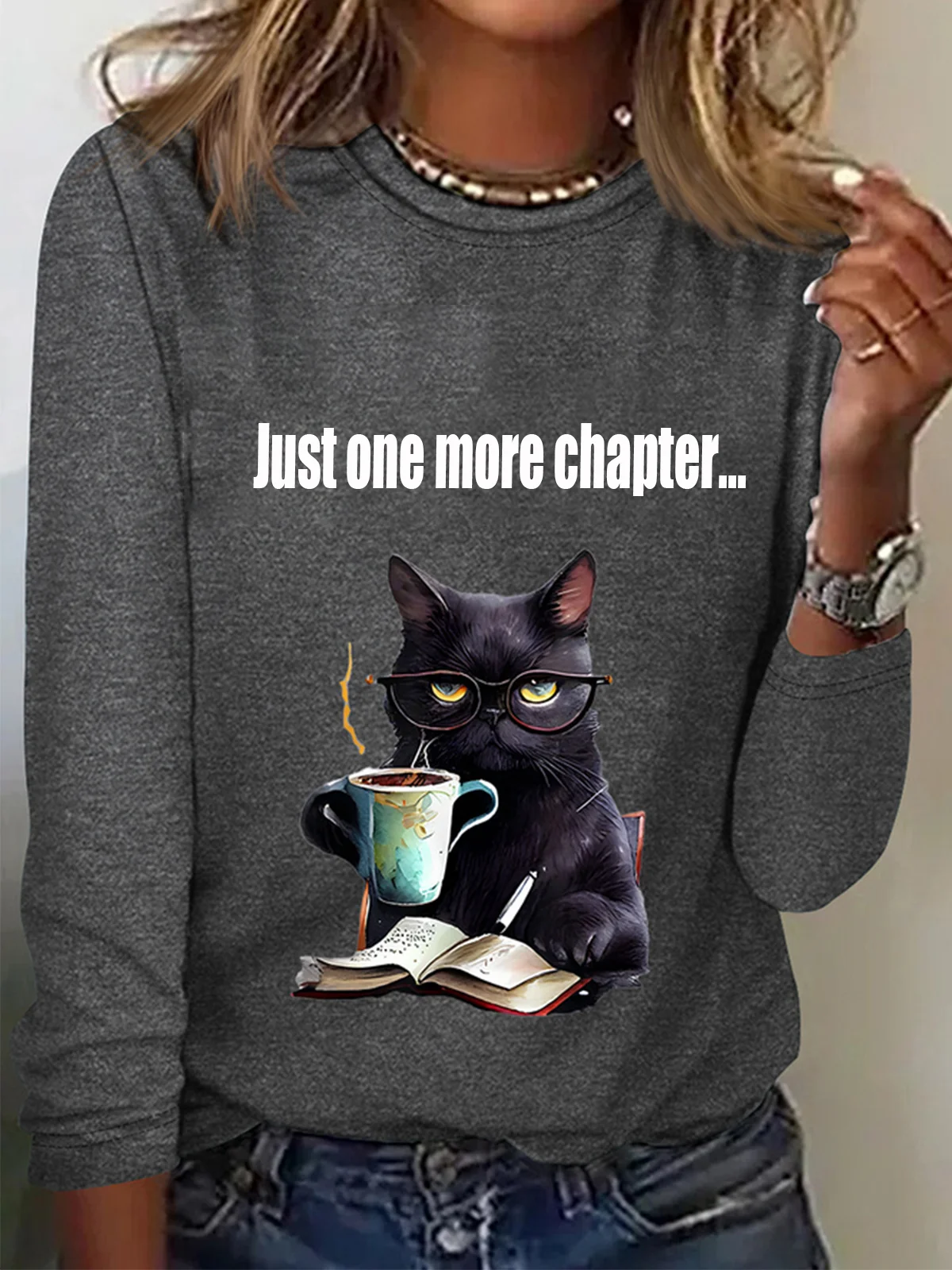 Women's Just One More Chapter Funny Cat Print Long Sleeve Crew Neck T-shirt