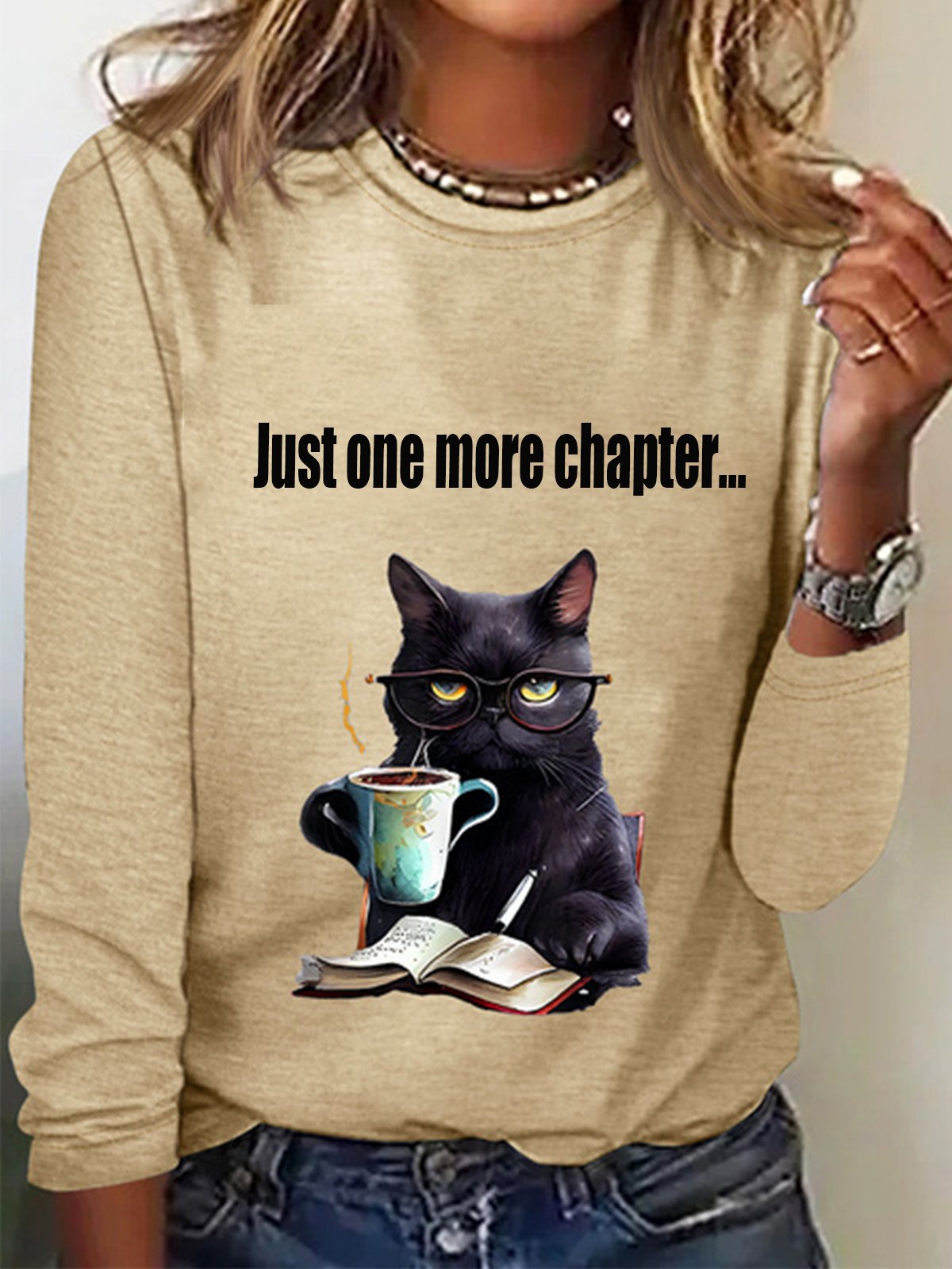 Women's Just One More Chapter Funny Cat Print Long Sleeve Crew Neck T-shirt