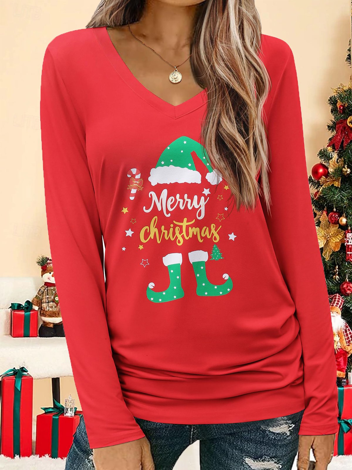 Women's Long Sleeve Tee T-shirt Spring/Fall Christmas Jersey V Neck Daily Going Out Casual Top