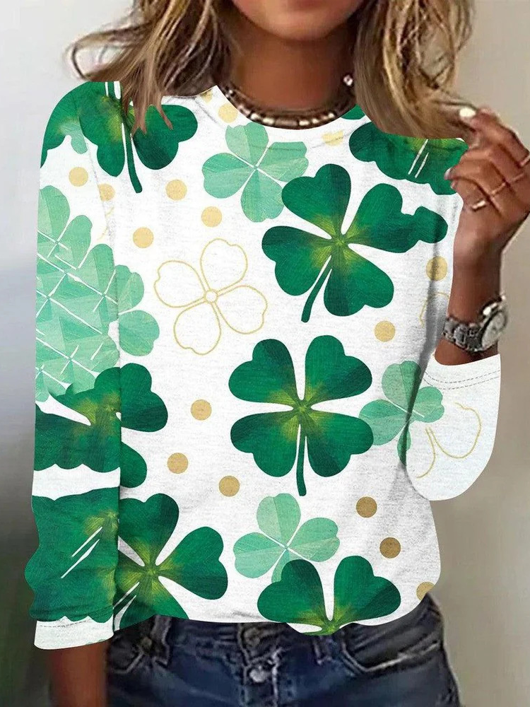 Women's St Patricks Day Four Leaf Clover Print  Long Sleeve Crew Neck T-shirt