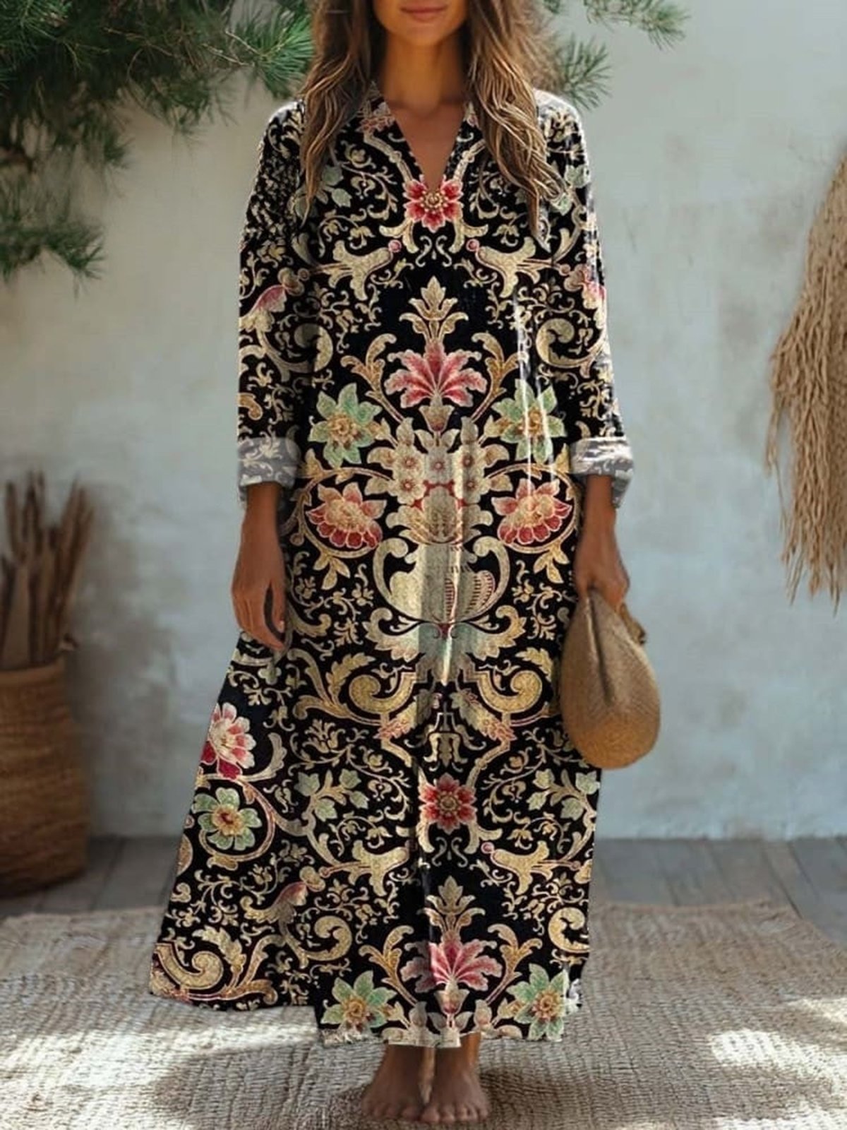 Women's Long Sleeve Spring/Fall Ethnic Jersey Dress V Neck Daily Going Out Casual Maxi A-Line T-Shirt Dress