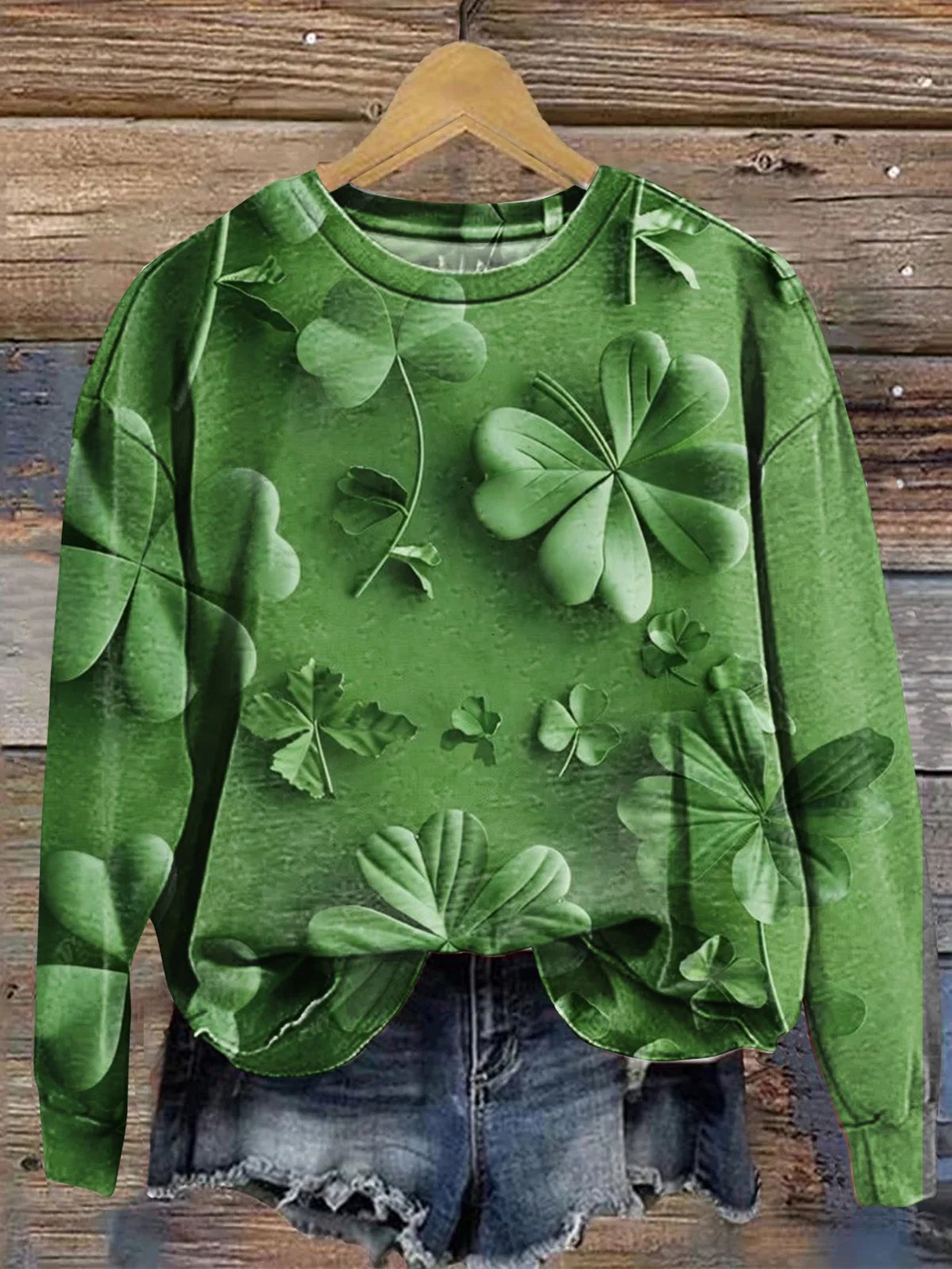 Women's St Patricks Day Four-leaf Clover Print Long Sleeve Crew Neck Floral Sweatshirt