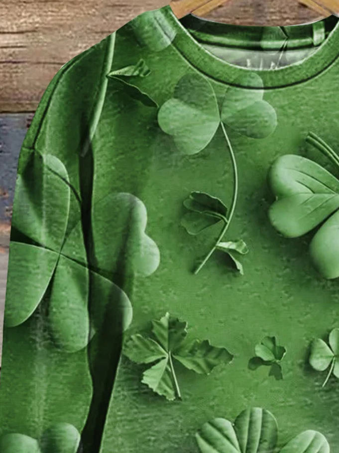 Women's St Patricks Day Four-leaf Clover Print Long Sleeve Crew Neck Floral Sweatshirt