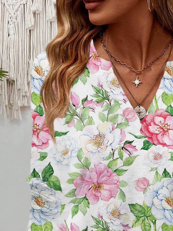 Women's Long Sleeve Blouse Spring/Fall Floral Jersey V Neck Daily Going Out Casual Top