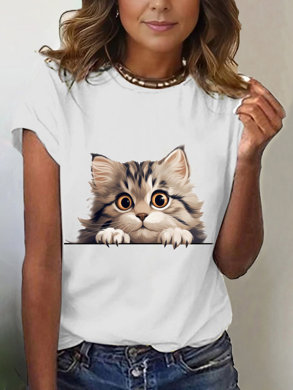 Women's Short Sleeve Tee T-shirt Summer Cat Cotton-Blend Crew Neck Daily Going Out Casual Top