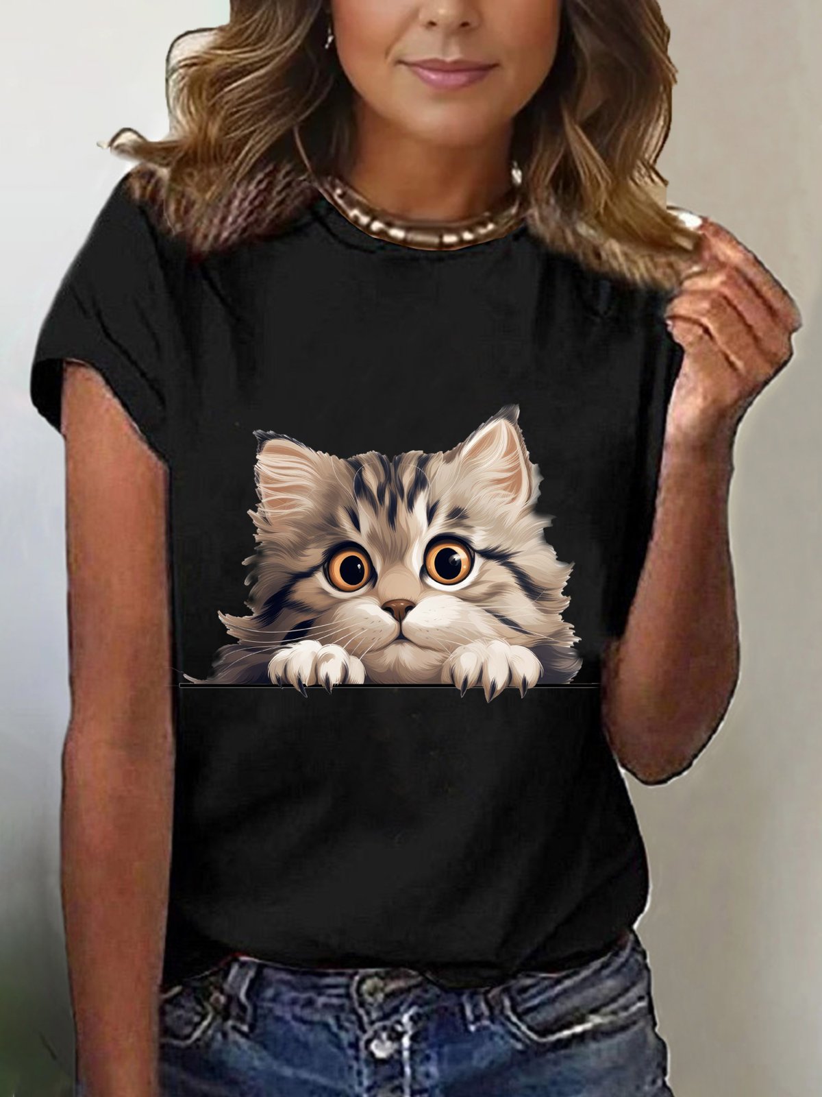 Women's Short Sleeve Tee T-shirt Summer Cat Cotton-Blend Crew Neck Daily Going Out Casual Top