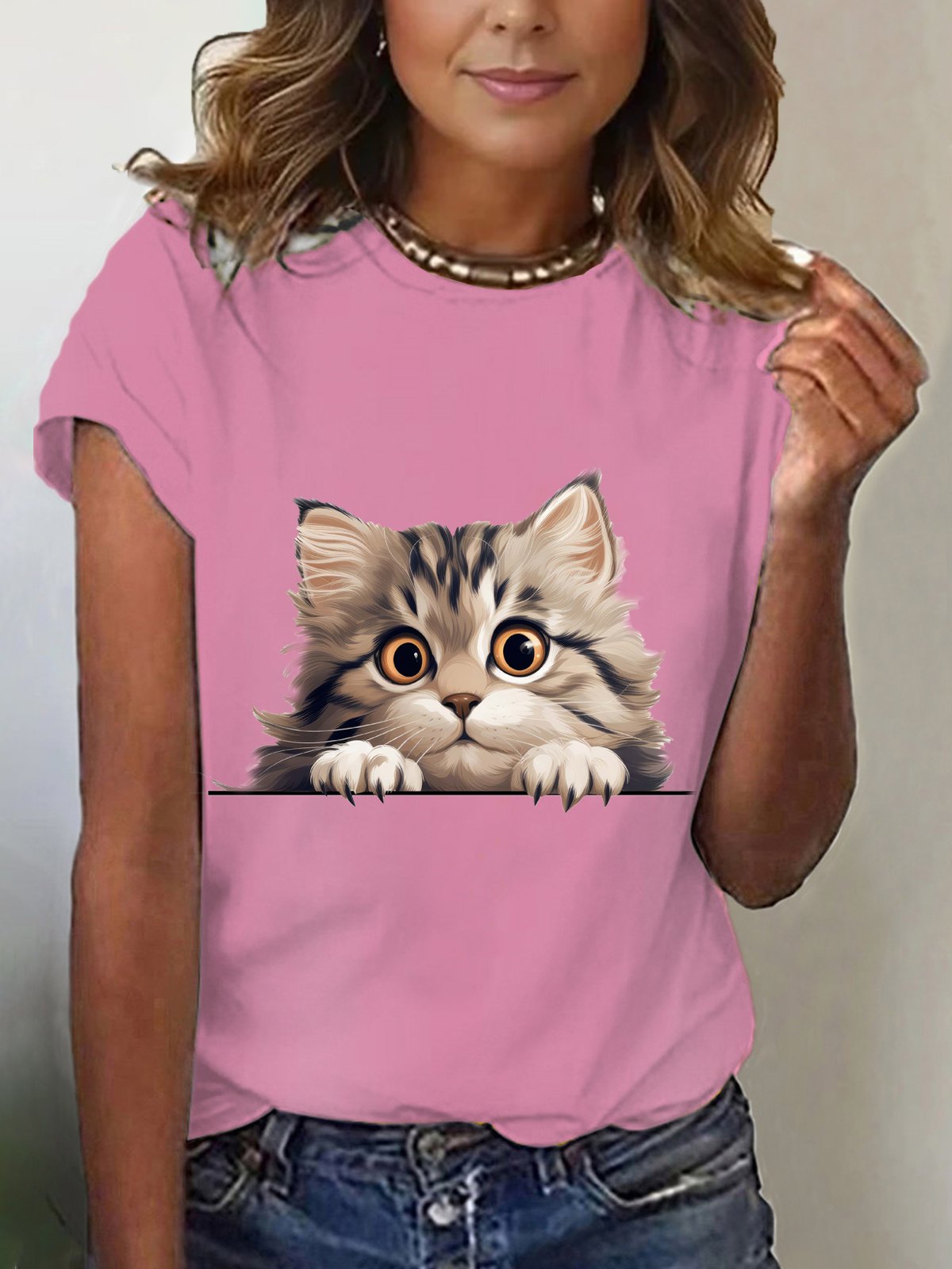 Women's Short Sleeve Tee T-shirt Summer Cat Cotton-Blend Crew Neck Daily Going Out Casual Top