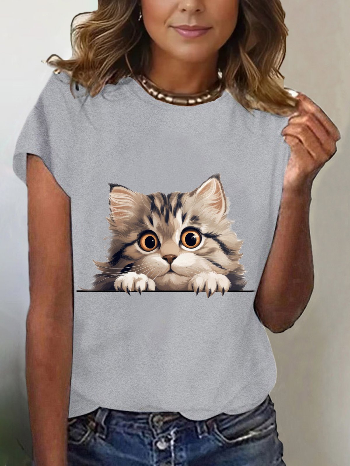 Women's Short Sleeve Tee T-shirt Summer Cat Cotton-Blend Crew Neck Daily Going Out Casual Top