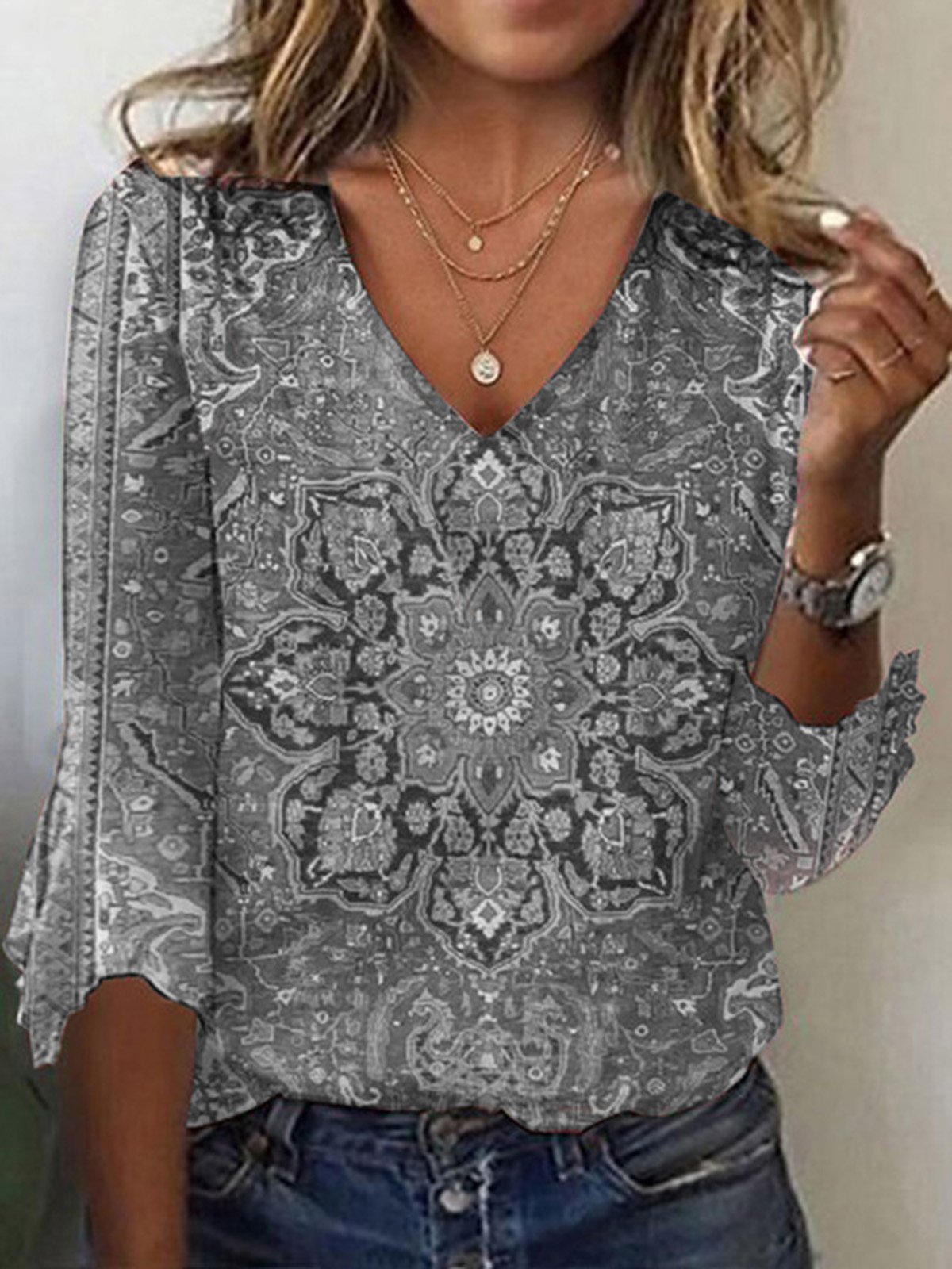 Women's Three Quarter Sleeve Tee T-shirt Spring/Fall Ethnic Jersey V Neck Daily Going Out Casual Top