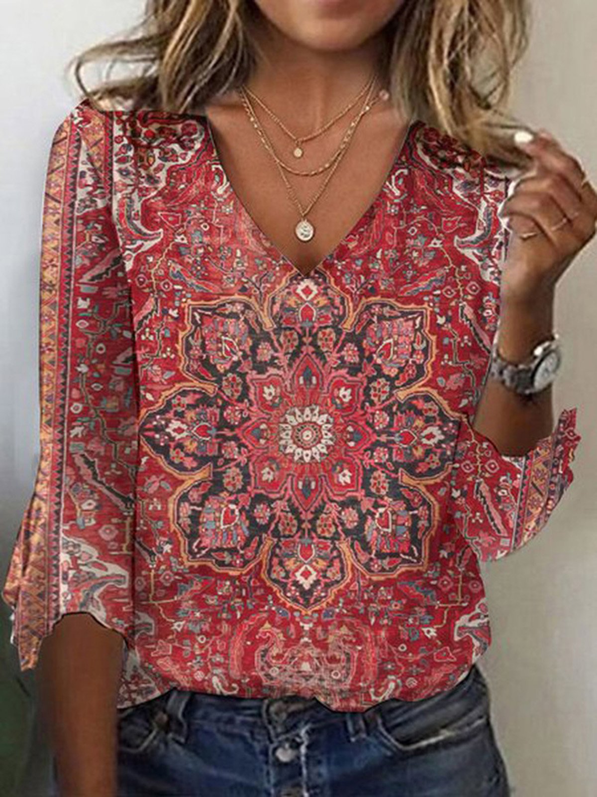 Women's Three Quarter Sleeve Tee T-shirt Spring/Fall Ethnic Jersey V Neck Daily Going Out Casual Top