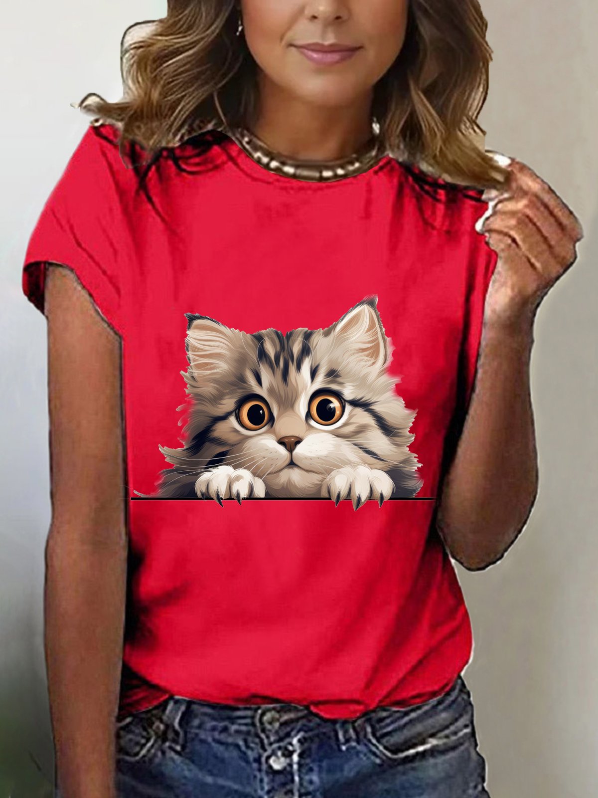 Women's Short Sleeve Tee T-shirt Summer Cat Cotton-Blend Crew Neck Daily Going Out Casual Top