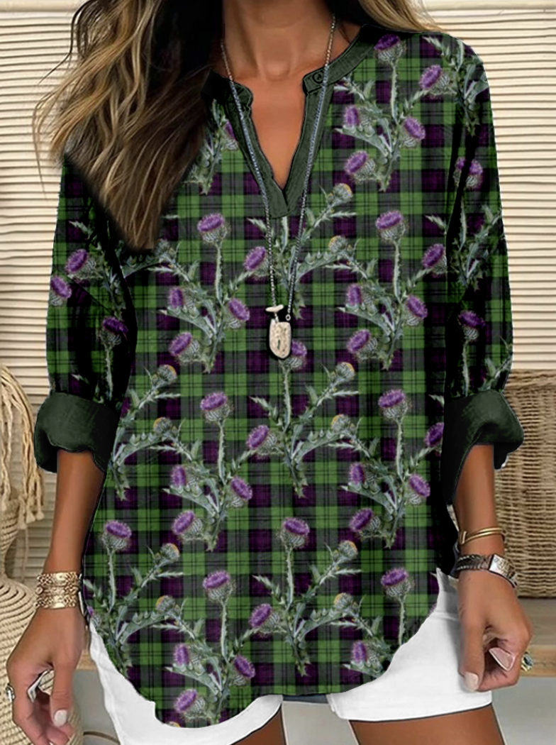 Women's Long Sleeve Shirt Spring/Fall Plaid Cotton V Neck Daily Going Out Casual Top