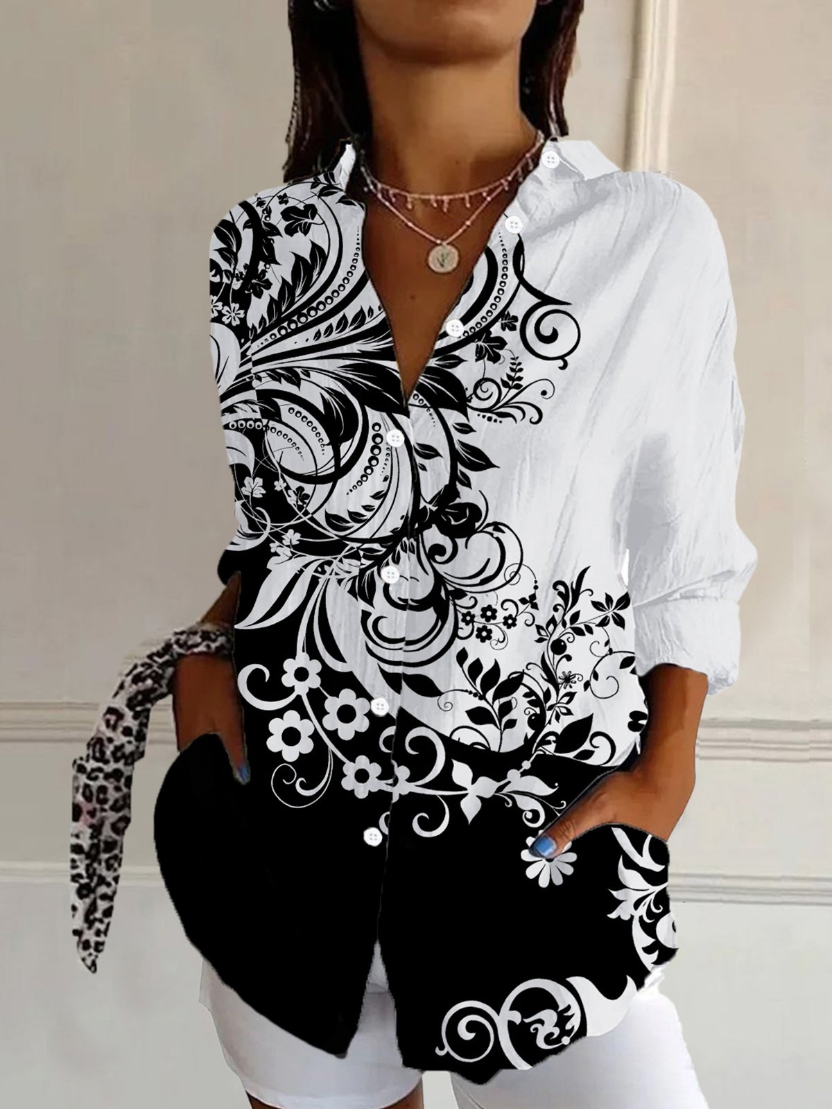 Women's Long Sleeve Shirt Spring/Fall Floral Shirt Collar Daily Going Out Casual Top