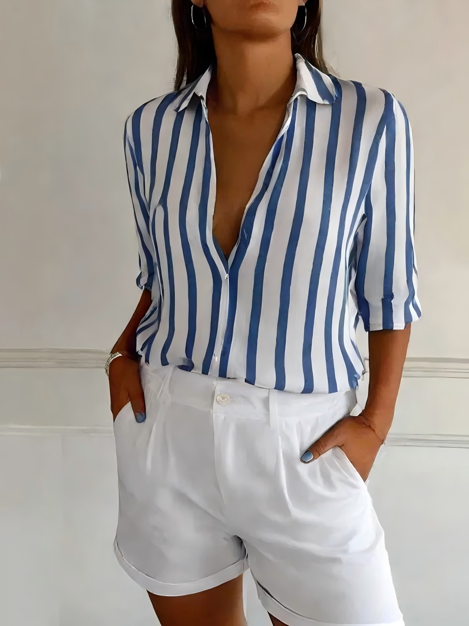 Women Striped Long Sleeve Shirt Spring/Fall Shirt Collar Holiday Vintage Top