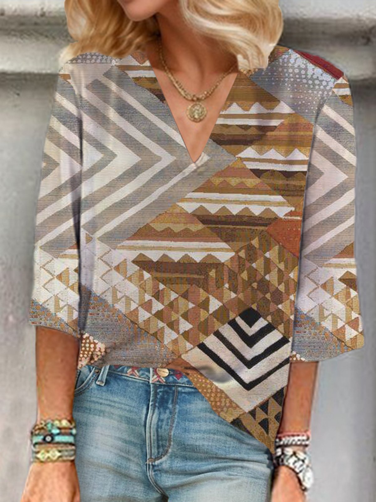 Women's Three Quarter Sleeve Blouse Spring/Fall Geometric V Neck Vacation Going Out Casual Top