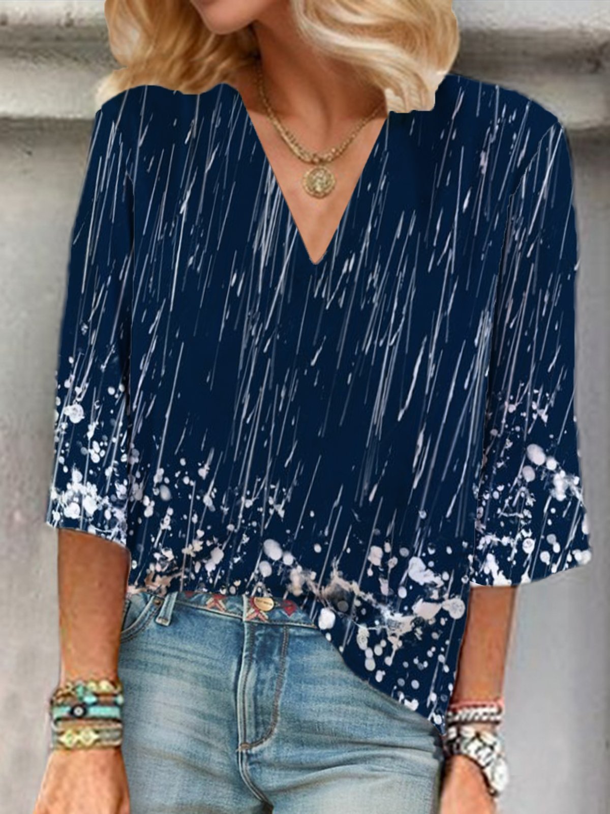 Women's Three Quarter Sleeve Blouse Spring/Fall Abstract V Neck Vacation Going Out Casual Top